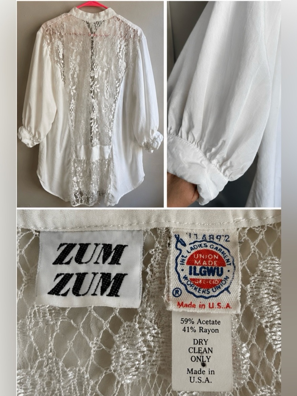 Vintage Zum Zum Ivory Lace Back Blouse One Size Made in USA Romantic Boho